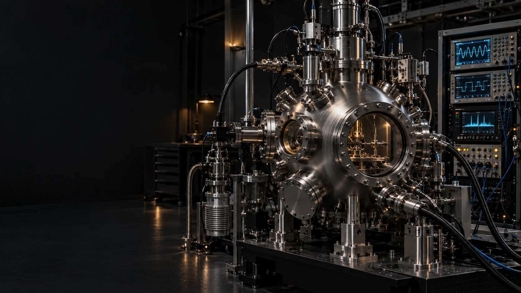 Concept illustration of a vacuum chamber and connected scientific instruments in a dark laboratory